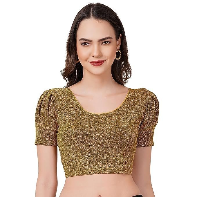 61bJQlLTI9L.jpg Readymade Shining Lycra Stretchable Round Neck Half Sleeve Blouses || Womens Mettalic Stretchable Readymade Blouses - Image 1
