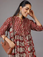 Rust Printed Cotton A-Line Kurti - Image 3
