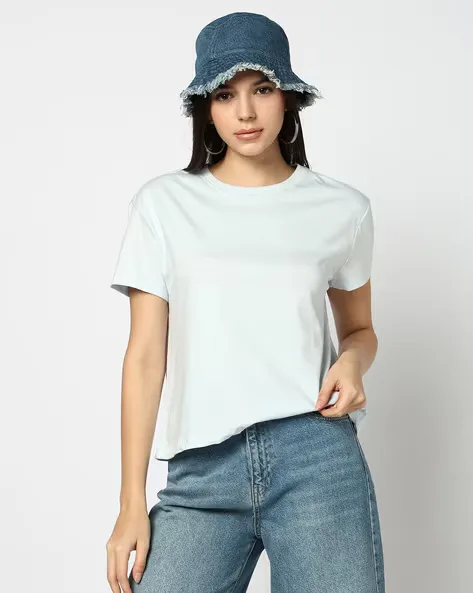 473Wx593H-443065237-skyblue-MODEL.webp Women Regular Fit Crew-Neck T-Shirt - Image 1